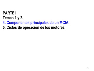 PARTE I Temas 1 y 2. 4. Componentes principales de un MCIA 5. Ciclos de operación de los motores  