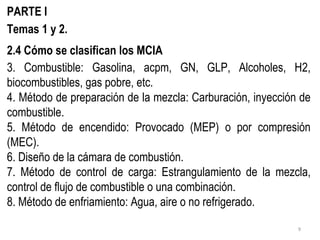 PARTE I Temas 1 y 2. 2.4 Cómo se clasifican los MCIA 3. Combustible: Gasolina, acpm, GN, GLP, Alcoholes, H2, biocombustibles, gas pobre, etc.  4. Método de preparación de la mezcla: Carburación, inyección de combustible. 5. Método de encendido: Provocado (MEP) o por compresión (MEC). 6. Diseño de la cámara de combustión. 7. Método de control de carga: Estrangulamiento de la mezcla, control de flujo de combustible o una combinación. 8. Método de enfriamiento: Agua, aire o no refrigerado. 