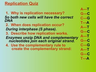 1.  Why is replication necessary? So both new cells will have the correct DNA 2.  When does replication occur? During interphase (S phase). 3.  Describe how replication works. Enzymes unzip DNA and complementary nucleotides join each original strand. 4.  Use the complementary rule to    create the complementary strand:  A--- T G--- C C--- G T--- A A--- T G--- C A--- T G--- C C--- G A--- T G--- C T--- A Replication Quiz 