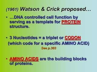 (1961)   Watson & Crick proposed…
• …DNA controlled cell function by
  serving as a template for PROTEIN
  structure.

• 3 Nucleotides = a triplet or CODON
 (which code for a specific AMINO ACID)
                See p.303


• AMINO ACIDS are the building blocks
  of proteins.
 