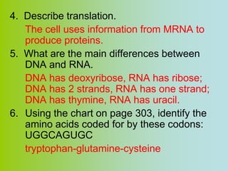 4. Describe translation.
   The cell uses information from MRNA to
   produce proteins.
5. What are the main differences between
   DNA and RNA.
   DNA has deoxyribose, RNA has ribose;
   DNA has 2 strands, RNA has one strand;
   DNA has thymine, RNA has uracil.
6. Using the chart on page 303, identify the
   amino acids coded for by these codons:
   UGGCAGUGC
   tryptophan-glutamine-cysteine
 