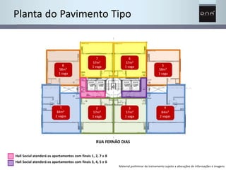 Planta do Pavimento Tipo 
5 
58m² 
1 vaga 
4 
84m² 
2 vagas 
7 
57m² 
1 vaga 
2 
57m² 
1 vaga 
6 
57m² 
1 vaga 
3 
57m² 
1 vaga 
8 
58m² 
1 vaga 
1 
84m² 
2 vagas 
RUA FERNÃO DIAS 
Hall Social atenderá os apartamentos com finais 1, 2, 7 e 8 
Hall Social atenderá os apartamentos com finais 3, 4, 5 e 6 
Material preliminar de treinamento sujeito a alterações de informações e imagens 
 