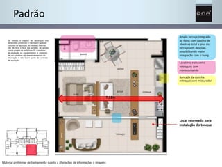 Padrão 
Os móveis e objetos de decoração têm 
dimensões comerciais e não fazem parte do 
contrato de aquisição. As medidas internas 
são de face a face das paredes de acordo 
com o projeto da prefeitura. Os acessórios 
de produção ou equipamentos e materiais 
de uso cotidiano são apenas elementos de 
decoração e não fazem parte do contrato 
de aquisição. 
Amplo terraço integrado 
ao living com caixilho de 
abertura total e piso do 
terraço sem desnível, 
possibilitando maior 
integração com o living 
Lavatório e chuveiro 
entregues com 
monocomando 
Bancada da cozinha 
entregue com misturador 
7,12m 
Local reservado para 
instalação do tanque 
Material preliminar de treinamento sujeito a alterações de informações e imagens 
 