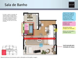 Sala de Banho 
Os móveis e objetos de decoração têm 
dimensões comerciais e não fazem parte do 
contrato de aquisição. As medidas internas 
são de face a face das paredes de acordo 
com o projeto da prefeitura. Os acessórios 
de produção ou equipamentos e materiais 
de uso cotidiano são apenas elementos de 
decoração e não fazem parte do contrato 
de aquisição. 
Amplo terraço integrado 
ao living com caixilho de 
abertura total e piso do 
terraço sem desnível, 
possibilitando maior 
integração com o living 
Lavatório e chuveiro 
entregues com 
monocomando 
Bancada da cozinha 
entregue com misturador 
Banhos com iluminação e 
ventilação natural 
8,22m 
Local reservado para 
instalação do tanque 
Material preliminar de treinamento sujeito a alterações de informações e imagens 
 