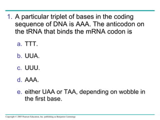 A particular triplet of bases in the coding sequence of DNA is AAA. The anticodon on the tRNA that binds the mRNA codon is  TTT.  UUA.  UUU.  AAA.  either UAA or TAA, depending on wobble in the first base.  
