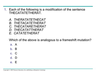 Each of the following is a modification of the sentence THECATATETHERAT . A. THERATATETHECAT B. THETACATETHERAT C. THECATARETHERAT D. THECATATTHERAT E. CATATETHERAT Which of the above is analogous to a frameshift mutation?   A B C D E 