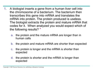 A biologist inserts a gene from a human liver cell into the chromosome of a bacterium. The bacterium then transcribes this gene into mRNA and translates the mRNA into protein. The protein produced is useless. The biologist extracts the protein and mature mRNA that codes for it.  When analyzed you would expect which of the following results?   * the protein and the mature mRNA are longer than in human cells the protein and mature mRNA are shorter than expected the protein is longer and the mRNA is shorter than expected the protein is shorter and the mRNA is longer than expected  