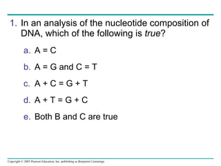 In an analysis of the nucleotide composition of DNA, which of the following is  true ?  A = C  A = G and C = T  A + C = G + T  A + T = G + C  Both B and C are true  