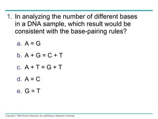 In analyzing the number of different bases in a DNA sample, which result would be consistent with the base-pairing rules?  A = G A + G = C + T A + T = G + T  A = C  G = T   