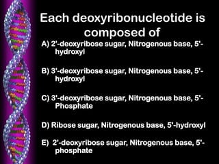 Each deoxyribonucleotide is
composed of
A) 2'-deoxyribose sugar, Nitrogenous base, 5'-
hydroxyl
B) 3'-deoxyribose sugar, Nitrogenous base, 5'-
hydroxyl
C) 3'-deoxyribose sugar, Nitrogenous base, 5'-
Phosphate
D) Ribose sugar, Nitrogenous base, 5'-hydroxyl
E) 2'-deoxyribose sugar, Nitrogenous base, 5'-
phosphate
 