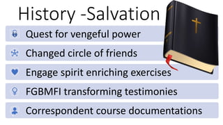 History -Salvation
Quest for vengeful power
Changed circle of friends
Engage spirit enriching exercises
FGBMFI transforming testimonies
Correspondent course documentations
 