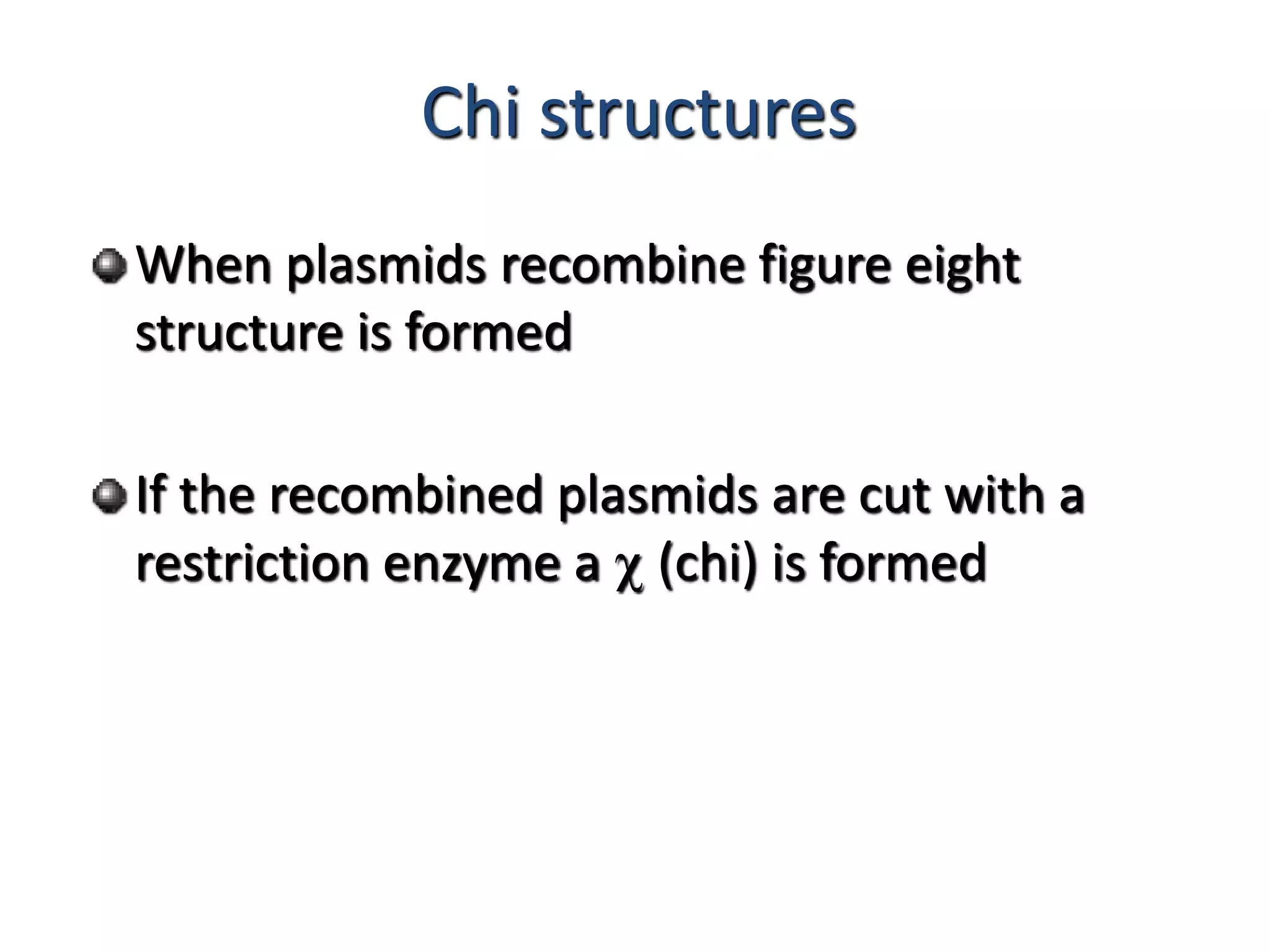 Chi structures 
When plasmids recombine figure eight 
structure is formed 
If the recombined plasmids are cut with a 
restriction enzyme a c (chi) is formed 
 