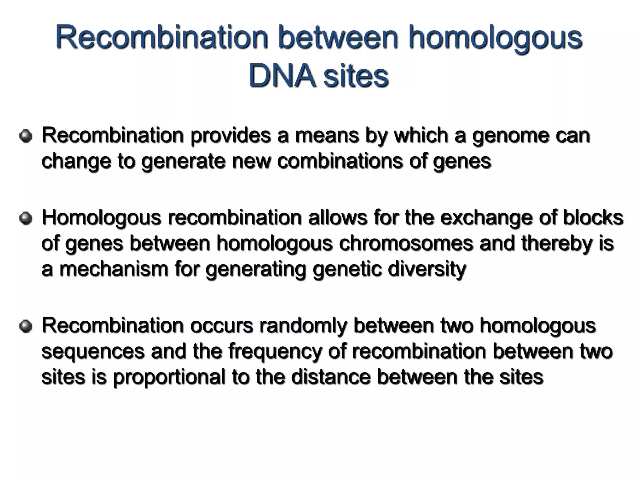 Recombination between homologous 
DNA sites 
Recombination provides a means by which a genome can 
change to generate new combinations of genes 
Homologous recombination allows for the exchange of blocks 
of genes between homologous chromosomes and thereby is 
a mechanism for generating genetic diversity 
Recombination occurs randomly between two homologous 
sequences and the frequency of recombination between two 
sites is proportional to the distance between the sites 
 