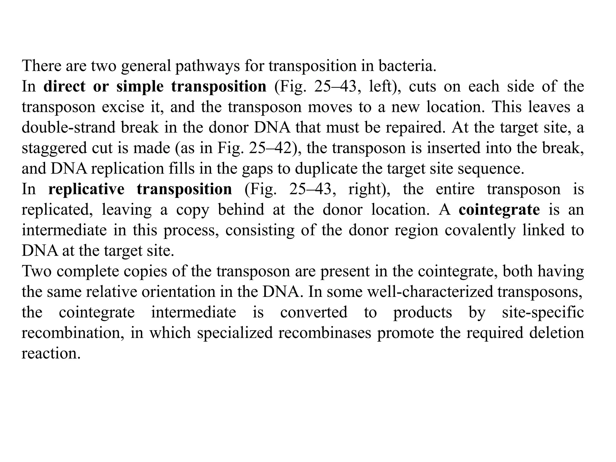 There are two general pathways for transposition in bacteria. 
In direct or simple transposition (Fig. 25–43, left), cuts on each side of the 
transposon excise it, and the transposon moves to a new location. This leaves a 
double-strand break in the donor DNA that must be repaired. At the target site, a 
staggered cut is made (as in Fig. 25–42), the transposon is inserted into the break, 
and DNA replication fills in the gaps to duplicate the target site sequence. 
In replicative transposition (Fig. 25–43, right), the entire transposon is 
replicated, leaving a copy behind at the donor location. A cointegrate is an 
intermediate in this process, consisting of the donor region covalently linked to 
DNA at the target site. 
Two complete copies of the transposon are present in the cointegrate, both having 
the same relative orientation in the DNA. In some well-characterized transposons, 
the cointegrate intermediate is converted to products by site-specific 
recombination, in which specialized recombinases promote the required deletion 
reaction. 
 