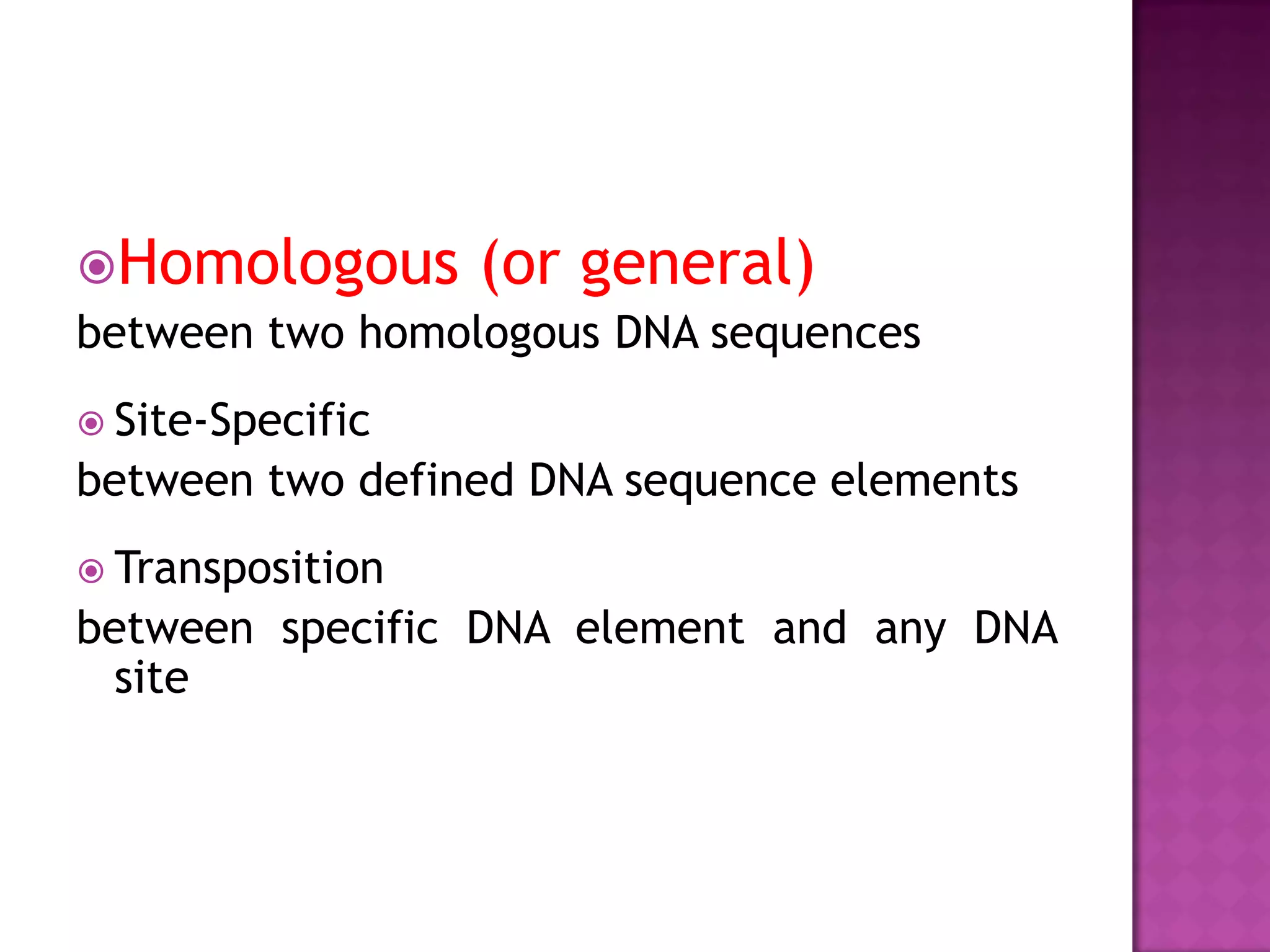 Homologous (or general)
between two homologous DNA sequences
 Site-Specific
between two defined DNA sequence elements
 Transposition
between specific DNA element and any DNA
site
 