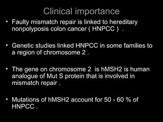 Clinical importance
• Faulty mismatch repair is linked to hereditary
nonpolyposis colon cancer ( HNPCC ) .
• Genetic studies linked HNPCC in some families to
a region of chromosome 2 .
• The gene on chromosome 2 is hMSH2 is human
analogue of Mut S protein that is involved in
mismatch repair .
• Mutations of hMSH2 account for 50 - 60 % of
HNPCC .
 