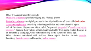 .
Other DNA repair disorders include:
Werner's syndrome: premature aging and retarded growth
Bloom's syndrome: sunlight hypersensitivity, high incidence of especially leukemias
Ataxia telangiectasia sensitivity to ionizing radiation and some chemical agents
All of the above diseases are often called "segmental progerias" ("accelerated aging
diseases") because their victims appear elderly and suffer from aging-related diseases at
an abnormally young age, while not manifesting all the symptoms of old age.
Other diseases associated with reduced DNA repair function include anemia,
hereditary breast cancer and hereditary colon cancer.
 