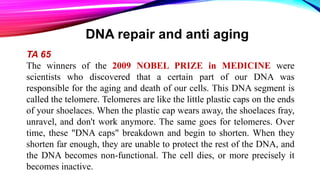 TA 65
The winners of the 2009 NOBEL PRIZE in MEDICINE were
scientists who discovered that a certain part of our DNA was
responsible for the aging and death of our cells. This DNA segment is
called the telomere. Telomeres are like the little plastic caps on the ends
of your shoelaces. When the plastic cap wears away, the shoelaces fray,
unravel, and don't work anymore. The same goes for telomeres. Over
time, these "DNA caps" breakdown and begin to shorten. When they
shorten far enough, they are unable to protect the rest of the DNA, and
the DNA becomes non-functional. The cell dies, or more precisely it
becomes inactive.
DNA repair and anti aging
 