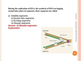 During the replication of DNA, the synthesis of DNA on lagging
strand takes place in segments, these segments are called
a) Satellite segments
b) Double helix segments
c) Kornbeg segments
d) Okazaki segments
Answer d) Okazaki segments
Explanation
6/15/2013
11
SolvedMCQDNAREPLICATION
 