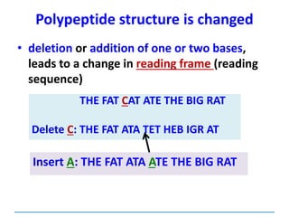 Polypeptide structure is changed
• deletion or addition of one or two bases,
leads to a change in reading frame (reading
sequence)
THE FAT CAT ATE THE BIG RAT
Delete C: THE FAT ATA TET HEB IGR AT
Insert A: THE FAT ATA ATE THE BIG RAT
 