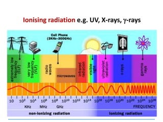Ionising radiation e.g. UV, X-rays, -rays
 