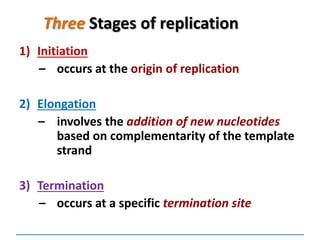 Three Stages of replication
1) Initiation
– occurs at the origin of replication
2) Elongation
– involves the addition of new nucleotides
based on complementarity of the template
strand
3) Termination
– occurs at a specific termination site
 