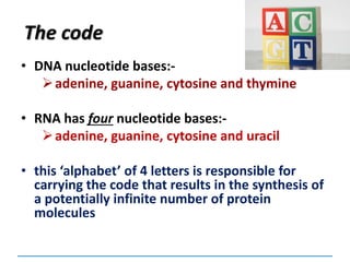 The code
• DNA nucleotide bases:-
adenine, guanine, cytosine and thymine
• RNA has four nucleotide bases:-
adenine, guanine, cytosine and uracil
• this ‘alphabet’ of 4 letters is responsible for
carrying the code that results in the synthesis of
a potentially infinite number of protein
molecules
 