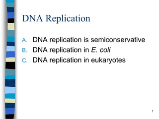 DNA Replication
A. DNA replication is semiconservative
B. DNA replication in E. coli
C. DNA replication in eukaryotes
1
 