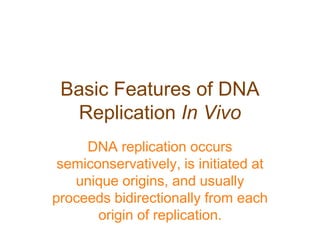 Basic Features of DNA
Replication In Vivo
DNA replication occurs
semiconservatively, is initiated at
unique origins, and usually
proceeds bidirectionally from each
origin of replication.
 