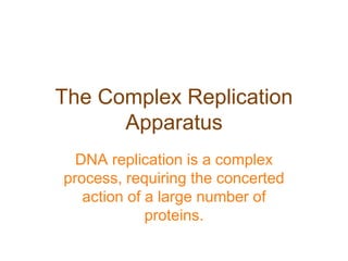 The Complex Replication
Apparatus
DNA replication is a complex
process, requiring the concerted
action of a large number of
proteins.
 