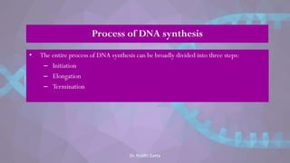 Process of DNA synthesis
• The entire process of DNA synthesis can be broadly divided into three steps:
– Initiation
– Elongation
– Termination
Dr. Riddhi Datta
 