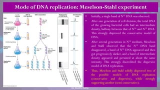 Mode of DNA replication: Meselson-Stahl experiment
• Initially, a single band of N15 DNA was observed.
• After one generation of cell division, the total DNA
of the growing bacterial cells had an intermediate
density, halfway between that of N14 and N15 DNA.
This strongly disproved the conservative model of
DNA.
• After several generations in N14 medium, Meselson
and Stahl observed that the N15 DNA band
disappeared, a band of N14 DNA appeared and then
got progressively darker, and a band of intermediate
density appeared and persisted at about the same
intensity. This strongly discredited the dispersive
model of DNA replication.
• Thus, Meselson and Stahl solidly disproved two of
the possible models of DNA replication
(conservative and dispersive), while strongly
supporting another (semi-conservative).
Dr. Riddhi Datta
 