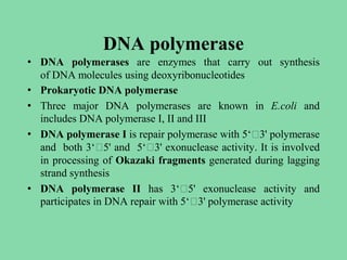 DNA polymerase
• DNA polymerases are enzymes that carry out synthesis
of DNA molecules using deoxyribonucleotides
• Prokaryotic DNA polymerase
• Three major DNA polymerases are known in E.coli and
includes DNA polymerase I, II and III
• DNA polymerase I is repair polymerase with 5‘🡪3' polymerase
and both 3‘🡪5' and 5‘🡪3' exonuclease activity. It is involved
in processing of Okazaki fragments generated during lagging
strand synthesis
• DNA polymerase II has 3‘🡪5' exonuclease activity and
participates in DNA repair with 5‘🡪3' polymerase activity
 