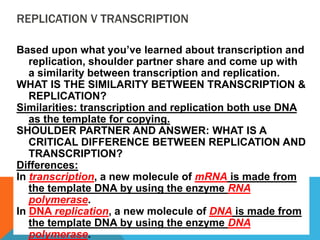 REPLICATION V TRANSCRIPTION
Based upon what you’ve learned about transcription and
replication, shoulder partner share and come up with
a similarity between transcription and replication.
WHAT IS THE SIMILARITY BETWEEN TRANSCRIPTION &
REPLICATION?
Similarities: transcription and replication both use DNA
as the template for copying.
SHOULDER PARTNER AND ANSWER: WHAT IS A
CRITICAL DIFFERENCE BETWEEN REPLICATION AND
TRANSCRIPTION?
Differences:
In transcription, a new molecule of mRNA is made from
the template DNA by using the enzyme RNA
polymerase.
In DNA replication, a new molecule of DNA is made from
the template DNA by using the enzyme DNA
polymerase.
 