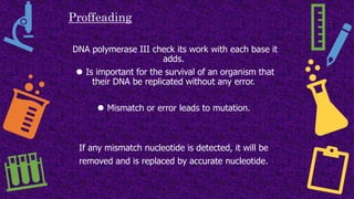 Proffeading
DNA polymerase III check its work with each base it
adds.
⚫ Is important for the survival of an organism that
their DNA be replicated without any error.
⚫ Mismatch or error leads to mutation.
If any mismatch nucleotide is detected, it will be
removed and is replaced by accurate nucleotide.
 