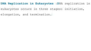 DNA Replication in Eukaryotes :DNA replication in
eukaryotes occurs in three stages: initiation,
elongation, and termination.
 