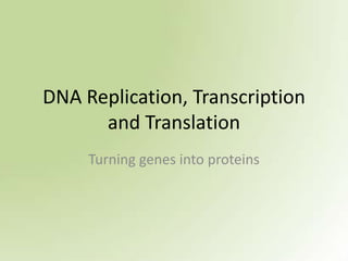 DNA Replication, Transcription
      and Translation
     Turning genes into proteins
 