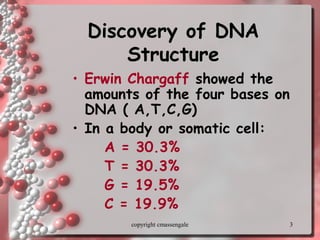 3
Discovery of DNADiscovery of DNA
StructureStructure
• Erwin Chargaff showed the
amounts of the four bases on
DNA ( A,T,C,G)
• In a body or somatic cell:
A = 30.3%
T = 30.3%
G = 19.5%
C = 19.9%
copyright cmassengale
 
