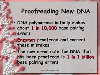 35
Proofreading New DNAProofreading New DNA
• DNA polymerase initially makesDNA polymerase initially makes
aboutabout 1 in 10,0001 in 10,000 base pairingbase pairing
errorserrors
• EnzymesEnzymes proofread and correctproofread and correct
these mistakesthese mistakes
• The new error rate for DNA thatThe new error rate for DNA that
has been proofread ishas been proofread is 1 in 1 billion1 in 1 billion
base pairing errorsbase pairing errors
copyright cmassengale
 