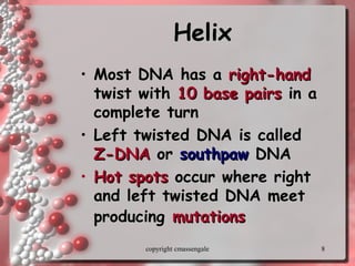 8
HelixHelix
• Most DNA has aMost DNA has a right-handright-hand
twist withtwist with 10 base pairs10 base pairs in ain a
complete turncomplete turn
• Left twisted DNA is calledLeft twisted DNA is called
Z-DNAZ-DNA oror southpawsouthpaw DNADNA
• Hot spotsHot spots occur where rightoccur where right
and left twisted DNA meetand left twisted DNA meet
producingproducing mutationsmutations
copyright cmassengale
 