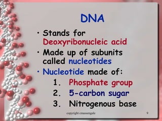 9
DNA
• Stands for
Deoxyribonucleic acid
• Made up of subunits
called nucleotides
• Nucleotide made of:
1. Phosphate group
2. 5-carbon sugar
3. Nitrogenous base
copyright cmassengale
 