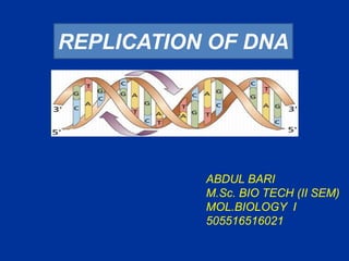 ABDUL BARI
M.Sc. BIO TECH (II SEM)
MOL.BIOLOGY I
505516516021
REPLICATION OF DNA
 