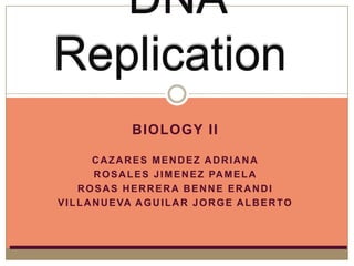 DNA
Replication
                 BIOLOGY II

          CAZARES MENDEZ ADRIANA
          R O S A L E S J I M E N E Z PA M E L A
      ROSAS HERRERA BENNE ERANDI
V I L L A N U E VA A G U I L A R J O R G E A L B E R T O
 