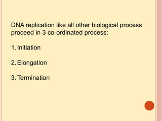 DNA replication like all other biological process
proceed in 3 co-ordinated process:
1.Initiation
2.Elongation
3.Termination
 