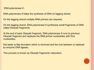 DNA polymerase δ :
DNA polymerase δ helps the synthesis of DNA on lagging strand.
On the lagging strand multiple RNA primers are required.
On the lagging strand, DNA polymerase δ synthesize small fragments of DNA
called Okazaki fragments.
At the end of each Okazaki fragment, DNA polymerase δ runs to previous
Okazaki fragment and replaces the RNA primer nucleotides with Dna
nucleotides.
this leads to flap formation which is removed and the nick between is replaced
by enzyme DNA ligases .
This process is known as Okazaki fragments maturation.
 