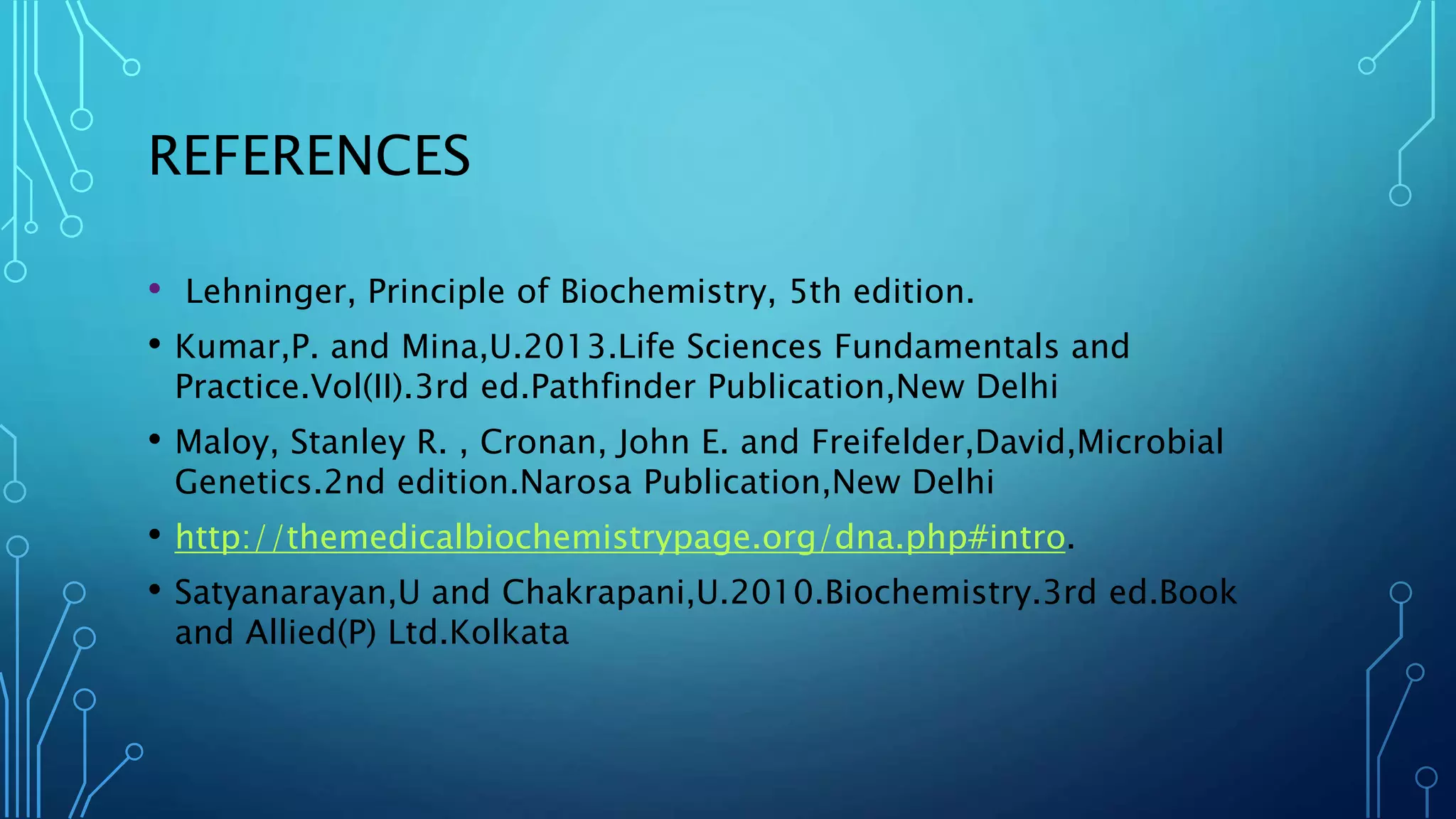REFERENCES
• Lehninger, Principle of Biochemistry, 5th edition.
• Kumar,P. and Mina,U.2013.Life Sciences Fundamentals and
Practice.Vol(II).3rd ed.Pathfinder Publication,New Delhi
• Maloy, Stanley R. , Cronan, John E. and Freifelder,David,Microbial
Genetics.2nd edition.Narosa Publication,New Delhi
• http://themedicalbiochemistrypage.org/dna.php#intro.
• Satyanarayan,U and Chakrapani,U.2010.Biochemistry.3rd ed.Book
and Allied(P) Ltd.Kolkata
 