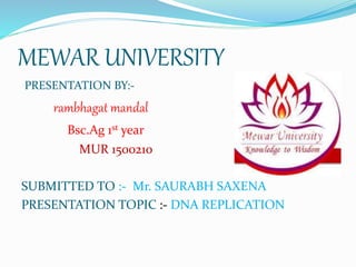 MEWAR UNIVERSITY
PRESENTATION BY:-
rambhagat mandal
Bsc.Ag 1st year
MUR 1500210
SUBMITTED TO :- Mr. SAURABH SAXENA
PRESENTATION TOPIC :- DNA REPLICATION
 