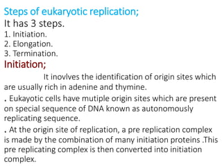 Steps of eukaryotic replication;
It has 3 steps.
1. Initiation.
2. Elongation.
3. Termination.
Initiation;
It inovlves the identification of origin sites which
are usually rich in adenine and thymine.
. Eukayotic cells have mutiple origin sites which are present
on special sequence of DNA known as autonomously
replicating sequence.
. At the origin site of replication, a pre replication complex
is made by the combination of many initiation proteins .This
pre replicating complex is then converted into initiation
complex.
 