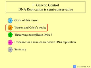 F: Genetic Control
DNA Replication is semi-conservative
1
2
3
4
5
Xavier DANIEL, Ph.D.
A
Goals of this lesson
Watson and Crick’s notice
Three ways to replicate DNA ?
Evidence for a semi-conservative DNA replication
Summary
 