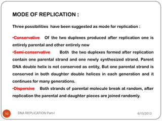 MODE OF REPLICATION :
Three possibilities have been suggested as mode for replication :
•Conservative Of the two duplexes produced after replication one is
entirely parental and other entirely new
•Semi-conservative Both the two duplexes formed after replication
contain one parental strand and one newly synthesized strand. Parent
DNA double helix is not conserved as entity, But one parental strand is
conserved in both daughter double helices in each generation and it
continues for many generations.
•Dispersive Both strands of parental molecule break at random, after
replication the parental and daughter pieces are joined randomly.
6/15/2013DNA REPLICATION Part-I10
 